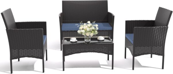 4-Piece Patio Furniture Set Outdoor Rattan Furniture Patio Conversation Set for Patio, Backyard, Porch, Poolside w/Coffee Table-Dark Blue - Image 7