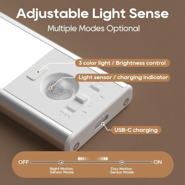 Under Cabinet Lighting, 2 Pack 8 Inch 62 LED 3 Color Temperatures Motion Sensor Light indoor, USB Rechargeable Under Cabinet Lights, Stick-On Magnetic Closet Lights, Led Lights for Room, Stair - Image 6