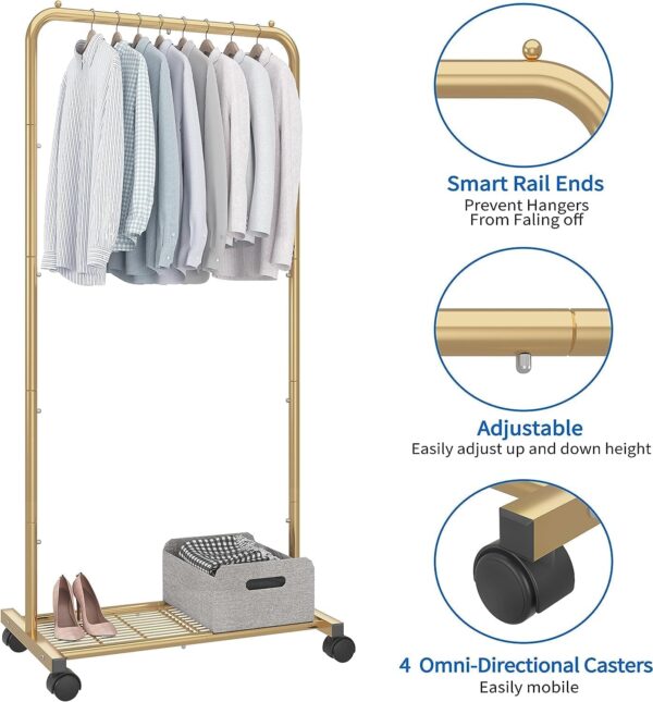 Simple Trending Standard Clothes Garment Rack, Clothing Rolling Rack with Mesh Storage Shelf on Wheels, Golden Yellow - Image 5