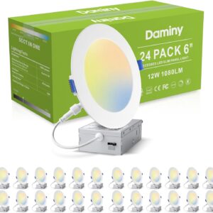 DAMINY 24 Pack 6 Inch LED Recessed Lighting with Junction Box,5CCT,Ultra-Thin Recessed Light,12W 1080lm, Dimmable Canless Wafer Ceiling Light, High Brightness - ETL