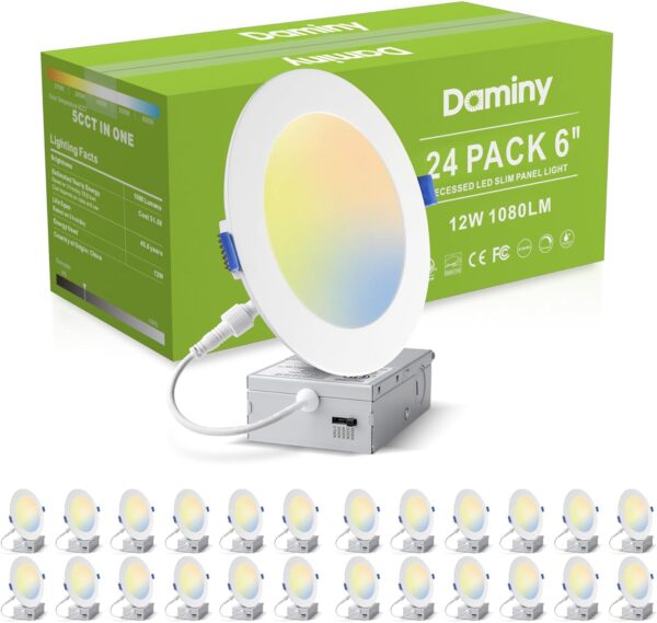 DAMINY 24 Pack 6 Inch LED Recessed Lighting with Junction Box,5CCT,Ultra-Thin Recessed Light,12W 1080lm, Dimmable Canless Wafer Ceiling Light, High Brightness - ETL