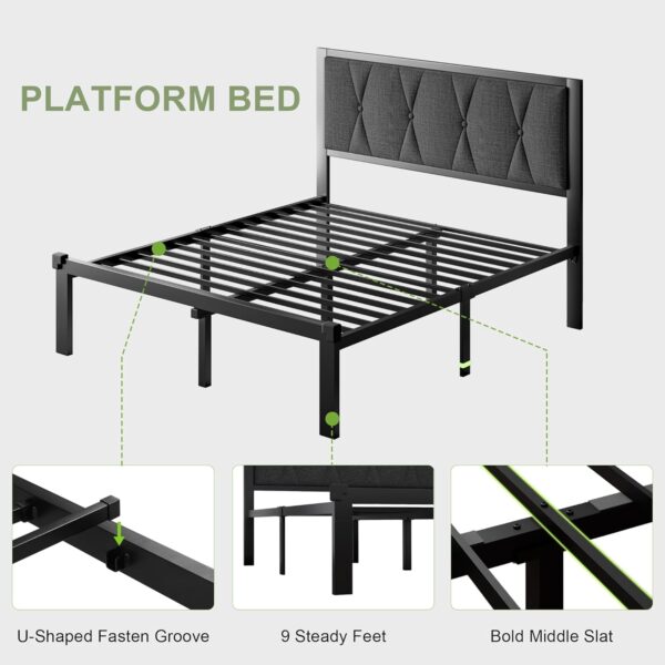 Feonase Queen Size Metal Bed Frame with Fabric Button Tufted Headboard, Platform Bed Frame with Heavy Duty Metal Slats, 12" Storage Space, Noise Free, No Box Spring Needed, Dark Grey - Image 6