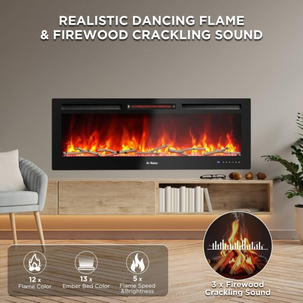 TURBRO 50” Smart WiFi Infrared Electric Fireplace with Sound Crackling and Realistic Flame, 1500W Quartz Heater, Recessed or Wall Mounted, Adjustable Flame Effects, Remote Control and App, in Flames - Image 3