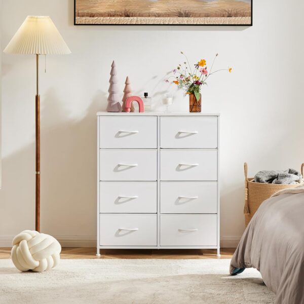 DUMOS Dresser for Bedroom with 8 Fabric Drawers, Tall Chest Organizer Units for Clothing, Closet, Kidsroom, Storage Tower with Cabinet, Metal Frame, Wooden Top, Lightweight Nursery Furniture, White - Image 2