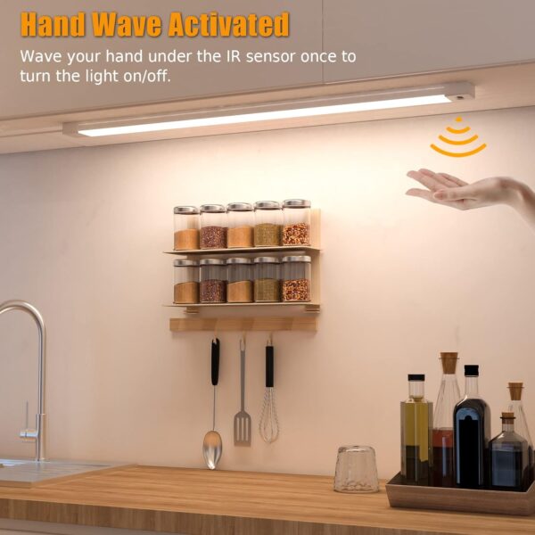 2pcs Hand Wave Under Cabinet Lights, 16" Under Counter Lighting with Dimmable and 4000K Natural White,Plug and Play,LED Lights for Kitchen Cabinet, Cupboard, Closet, Desk - Image 3