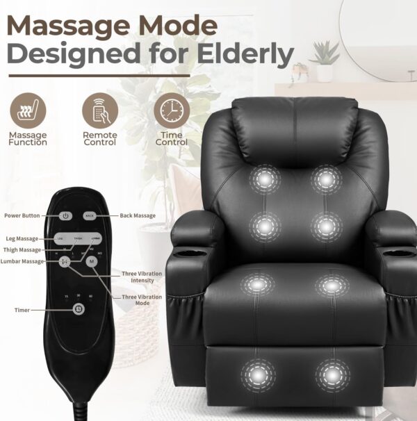 Furniwell Rocker Recliner Chair with Massage for Elderly, Leather Adjustable 360°Swivel Rocking Sofa for Living Room with Remote Control, Cup Holders (Black) - Image 4