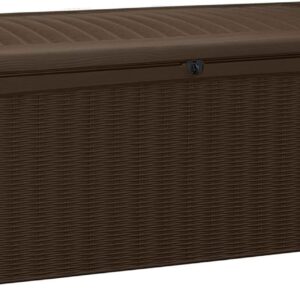 Keter Borneo 416L Storage Box, All-Weather Wicker Rattan-Style Resin Deck Box and Stylish Outdoor Bench with Piston-Assisted Lockable Lid, Brown
