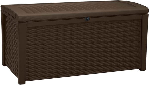Keter Borneo 416L Storage Box, All-Weather Wicker Rattan-Style Resin Deck Box and Stylish Outdoor Bench with Piston-Assisted Lockable Lid, Brown