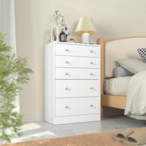MUPATER Oversized Dresser Chest of Drawers for Storage, Tall 5 Drawer Dresser Wood Grain with Metal Knobs for Living Room, Hallway and Entryway, White