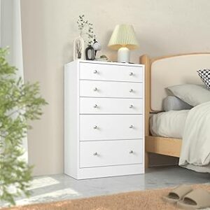 MUPATER Oversized Dresser Chest of Drawers for Storage, Tall 5 Drawer Dresser Wood Grain with Metal Knobs for Living Room, Hallway and Entryway, White