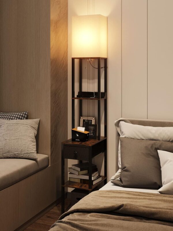 addlon Floor lamp with 2 USB, 1 Outlet and Drawer, 3 Color Temperatures LED Bulb (9W), Sofa lamp with White lampshade, Display Floor lamp with Shelves for Living Room, Bedroom and Office - Brown - Image 7