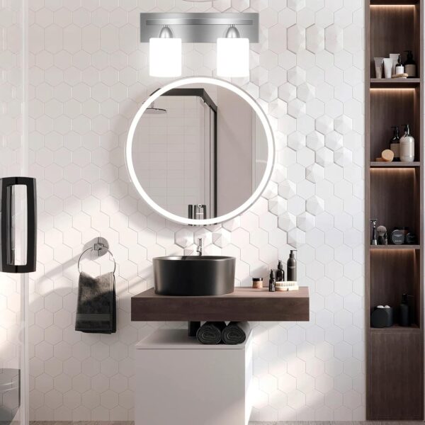 PARTPHONER - Bathroom Vanity Light Fixture - Bathroom Lighting Fixtures Over Mirror - Vanity Lighting Fixtures - Interior Bathroom Lights with Modern Glass Shade - Brushed Nickel, E26 Base, 2-Light - Image 6