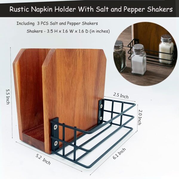 Napkin Salt and Pepper Holder, Acacia Wooden Napkin Holder For Table With Salt and Pepper Shakers Caddy,Farmhouse Napkin Holder With Metal Stand for Kitchen Dining Room Decor 6.1x5.2x5.5 - Image 4