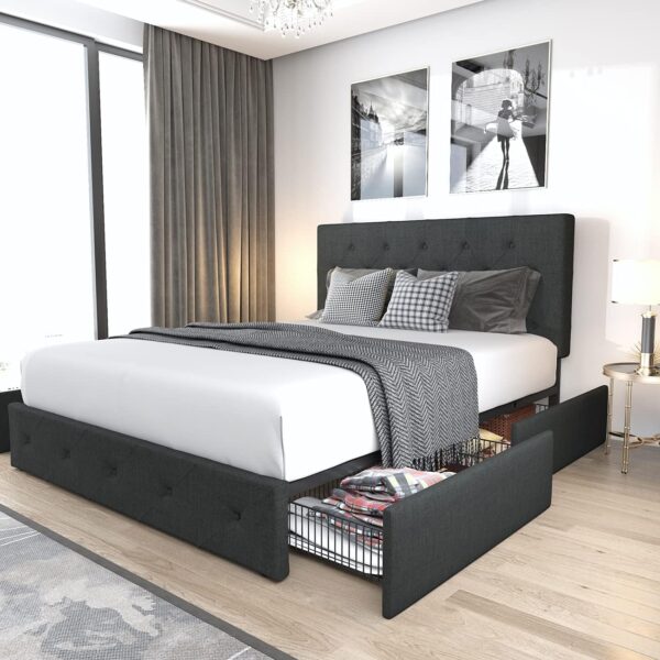 Allewie Upholstered Queen Size Platform Bed Frame with 4 Storage Drawers and Headboard, Diamond Stitched Button Tufted, Mattress Foundation with Wooden Slats Support, No Box Spring Needed, Dark Grey - Image 3