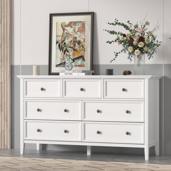 IKENO White 7 Drawer Dresser for Bedroom, Modern Solid Wood Large Storage Cabinet, Simple White Chest of Drawer for Bedroom Living Room Hallway Entryway (White) - Image 4