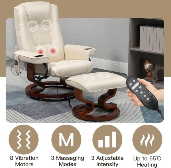 AVAWING Reclining Chair with Vibration Massage Faux Leather Recliner with Ottoman Swivel Wood Recliner Chairs for Living Room, Beige - Image 4