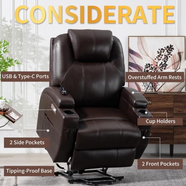 Upgraded Power Lift Recliner Chair with Massage & Heat, Powerful Motor, Max 155° Reclining, Standing Assistance for Elderly, USB & Type-C Ports, Cup Holders, PU Leather Black - Image 7