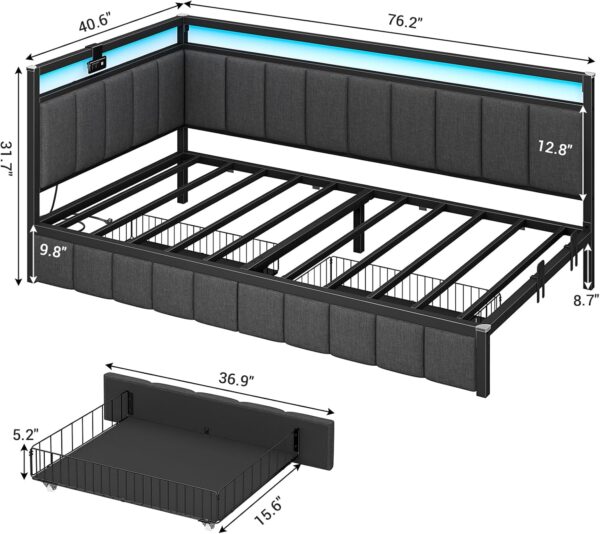 Hasuit Corner Bed Frame Twin Size with LED Light and Charging Station, Line Fabric Upholstered Twin Bed with 2 Underbed Storage Drawers, Modern Daybed No Box Spring Needed/Noise-Free, Gray - Image 2