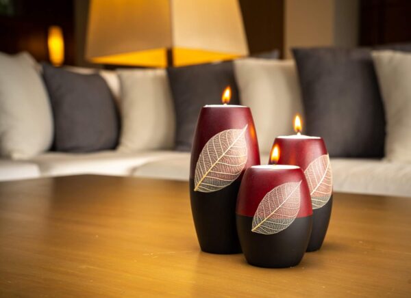 IYARA CRAFT 3 Wooden Candle Holders Decorative Candle Holders with Beauty Decor Dry leaf – Intricate Details – Matte Wood Finish – Ideal for Modern & Rustic Settings 2 tones, red, black (Rugby Shape) - Image 4