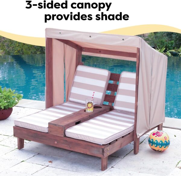 KidKraft Wooden Outdoor Double Chaise Lounge with Cup Holders, Patio Furniture for Kids or Pets, Espresso with Oatmeal and White Striped Fabric - Image 7