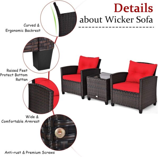 AUGESTER 3 PCS Patio Furniture Set, Outdoor PE Rattan Wicker Conversation Sofa Set w/Washable Cushion and Tempered Glass Tabletop, All Weather Chat Sofa for Garden Poolside Balcony Porch Bistro (Red) - Image 6