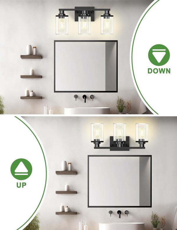 DORESshop 20 Inch Bathroom Light Fixtures, 3-Light Black Bathroom Lighting Fixtures Over Mirror with Clear Glass Shade, Vanity Lights for Bathroom Living Room Bedroom, ETL Listed - Image 6