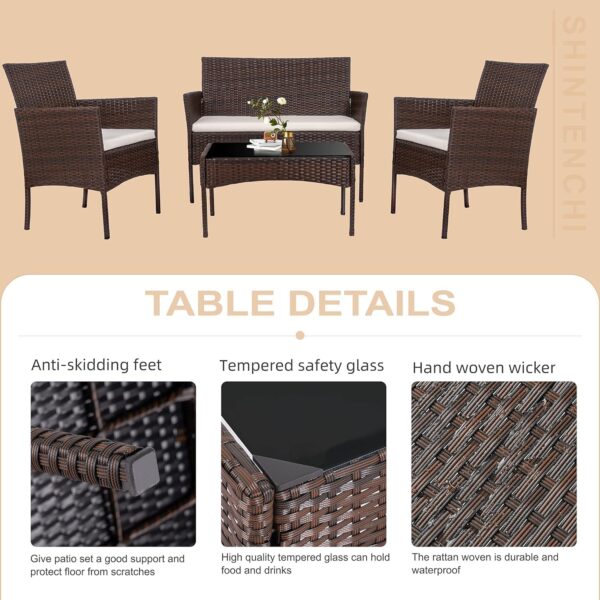Shintenchi 4 Piece Outdoor Patio Furniture Sets, Small Wicker Patio Conversation Furniture Rattan Chair Set with Tempered Glass Coffee Table for Backyard Porch Garden Poolside Balcony - Image 3