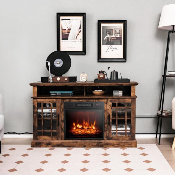 COSTWAY Electric Fireplace TV Stand for TVs Up to 55 Inches, 18-Inch Fireplace Insert with Remote, Overheat Protection, 48-Inch Wooden Media Entertainment Center with Adjustable Shelves, Brown - Image 2