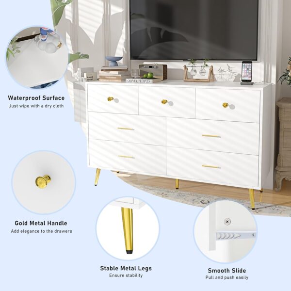 White Dresser for Bedroom, 7 Drawer Dresser with Charging Station, Wood Chest of Drawers with Gold Handles, Modern Dressers & Chests of Drawers for Living Room, Hallway - Image 6