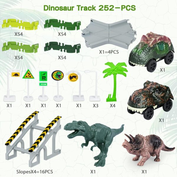 Dinosaur Toys, 252 PCS Create A Dinosaur World Road Race Tracks, Flexible Track Playset, 2pcs Dinosaur Car for 3 4 5 6 Year Old Boys Girls Birthday Party Favor Gift - Image 2