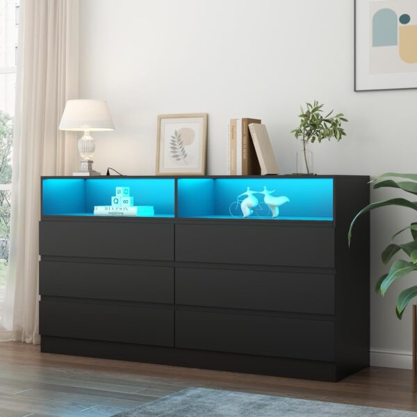 Loomie 6 Drawer Dresser for Bedroom, Wide Chest of Drawers with Charging Station and LED Lights, Traditional Bedroom Furniture, Modern Storage Dresser TV Stand for Living Room (Black) - Image 3