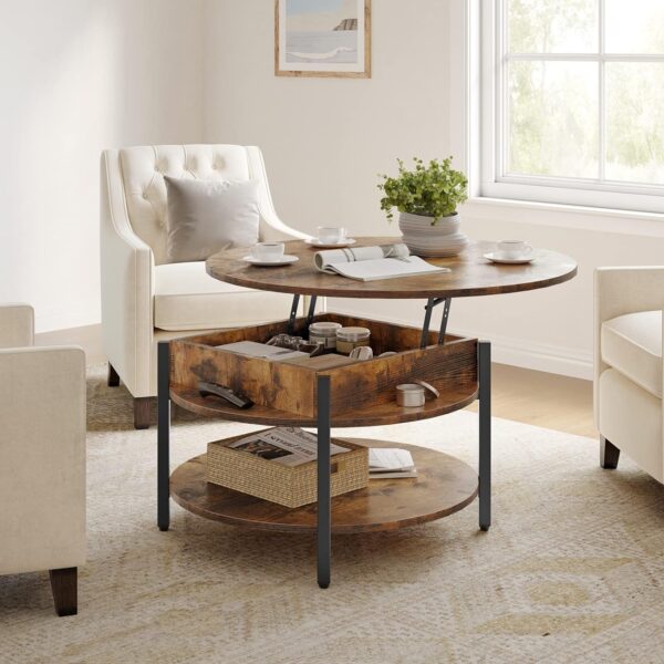 FABATO Round Lift Top Coffee Table for Living Room, 35.43'' Round Coffee Table with Storage and Hidden Compartment, 2 Tier Large Farmhouse Coffee Table Round Dining Table, Rustic Brown - Image 5