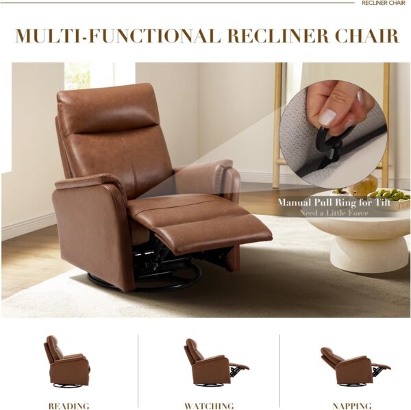 Swivel Rocking Recliner Glider Chair, Leather Reclining Rocker Chair with Footrest for Living Room, Nursery, Office, Bedroom, Ergonomic High Backrest, Wide Seat Cushion and Metal Base-Cocoa - Image 5