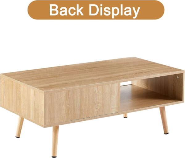 Mid Century Modern Coffee Table with Storage, 41.3 Inch Rectangle Wooden Accent Center Tables with Sliding PE Rattan Woven Door Panel and Solid Wood Legs, Suitable for Living Room, Apartment - Image 4