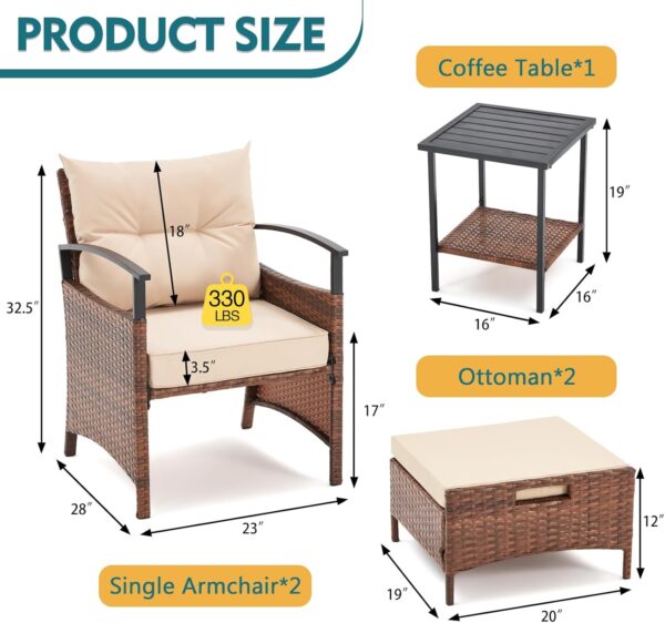 AVAWING 5 Pieces Patio Furniture Set, Outdoor Rattan Chairs with Metal Coffee Table, Ottomans & Soft Cushions, Wicker Conversation Bistro Set for Garden, Deck, Balcony, Poolside(Beige) - Image 5