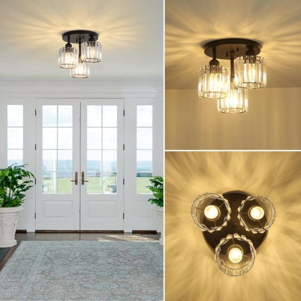 Crystal Semi Flush Mount Ceiling Light,3-Light Modern Close to Ceiling Light Fixtures,Black Kitchen Light Fixtures with Clear Crystal Shade,Hallway Light Fixtures for Hallway Bedroom Bathroom - Image 5