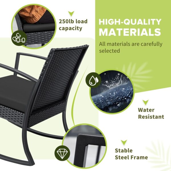 Homall Patio Furniture Set 3 Piece Resin Outdoor Bistro Set Rocking Patio Chairs with Cushions and Table for Porch, Poolside, Balcony and Yard (Black) - Image 3