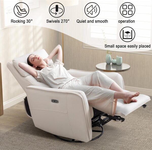 ANJ Swivel Recliner Chair, Glider Rocker Recliner for Nursery, Power Rocker Recliner Chair with USB Port, Upholstered Leathaire Electric Rocking Chair for Living Room, Bedroom, Beige - Image 5