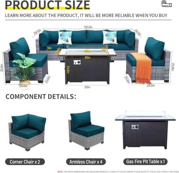 7 Pieces Wicker Patio Furniture Set,PE Rattan Outdoor Sectional Conversation Sofa Set with Fire Pit Table, Non-Slip Cushions and Furniture Cover, Peacock Blue - Image 4