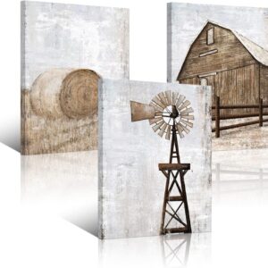 HOMEOART Farmhouse Wall Art Rustic Barn Windmill Cornfield Pictures Countryside Rural Landscape Painting Canvas Artwork Stretched and Framed Ready to Hang Home Decor 12"x16"x3 Pieces