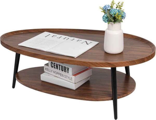 2-Tier Coffee Table Water-Shaped Wood Center Table Mid Century Oval Coffee Table Rustic Farmhouse Coffee Table for Living Room, Bedroom, 40", Brown - Image 7