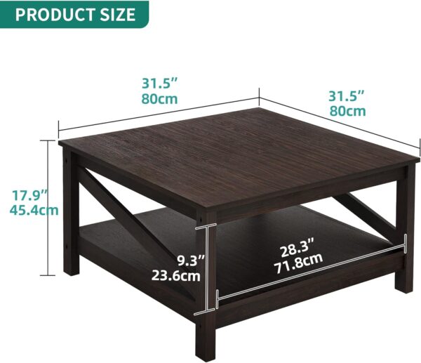 YITAHOME 2-tier Square Coffee Tables with Storage,Coffee Table for Living Room,Center Table Coffee Table for Home,Wood Living Room Table Industrial Small Farmhouse Cocktail Table, Espresso - Image 2