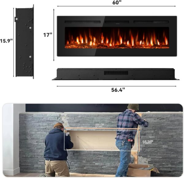 60 Inch Electric Fireplace in-Wall Recessed and Wall Mounted with Remote Control, 750W/1500W Thin Wall Fireplace Heater(60-99°F Thermostat) with 12 Adjustable Color, Timer and Log Set - Image 7