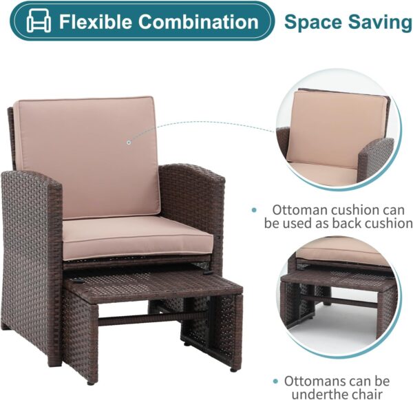 OC Orange-Casual 6 Piece Patio Wicker Furniture Set, Balcony All Weather Rattan Chair, with Space Saving Ottoman, Resin Nesting Coffee Table, Modern Design, Beige - Image 3