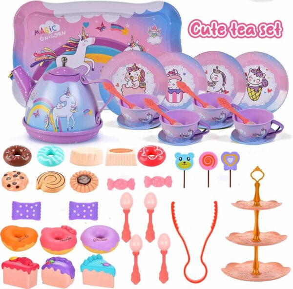Unicorn Toys Tea Party Set for Little Girls, Birthday Gift for Age 3 4 5 6 Year Old, Princess Tea Set Toys for Little Girls, Kids Kitchen Pretend Toy with Tin Tea Set, Desserts & Carrying Case - Image 5