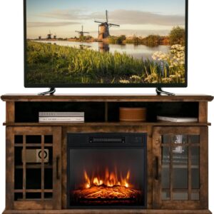COSTWAY Electric Fireplace TV Stand for TVs Up to 55 Inches, 18-Inch Fireplace Insert with Remote, Overheat Protection, 48-Inch Wooden Media Entertainment Center with Adjustable Shelves, Brown