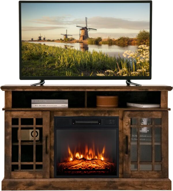 COSTWAY Electric Fireplace TV Stand for TVs Up to 55 Inches, 18-Inch Fireplace Insert with Remote, Overheat Protection, 48-Inch Wooden Media Entertainment Center with Adjustable Shelves, Brown