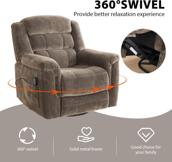 Swivel Rocker Recliner Chair with Massage and Heat, Manual Rocker Recliner Chair With Massage Vibrating for Living Room, 360° Swivel Rocker Recliner, Overstuffed Soft Fabric Heated Recliner, Grey - Image 3