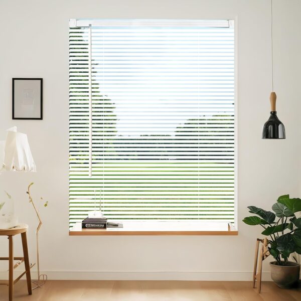 Cordless Vinyl Mini L Blinds 46" W x 48" H, 1" Slat White Horizontal Windows L Blind for Door, Shades, Camper, Light Filtering, Interiors, Arrive 1/2 Inch Narrower Indoor