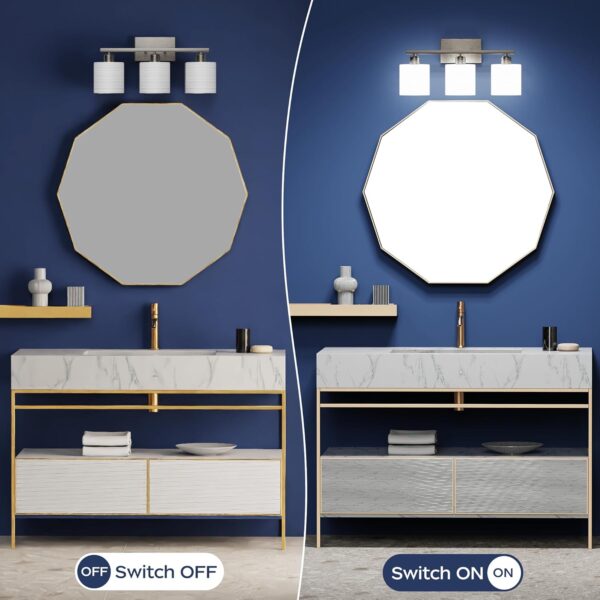 PARTPHONER Bathroom Light Fixtures, Bathroom Lighting Fixtures Over Mirror, Classic Vanity Lights, Modern Bathroom Vanity Light with Textured Frosted Opal White Glass Shades, Brushed Nickel, 3-Light - Image 5